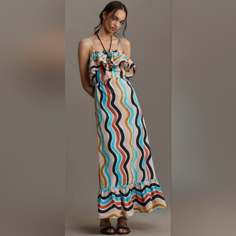 NEW FARM Rio Womens Sleeveless‎ Ruffle Maxi Dress Striped Multicolor Medium